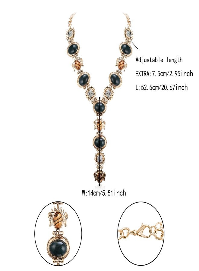 Flyonce Boho Vintage Style Y-Shaped Necklace for Women, Ethnic Multi Color Retro Stone Beaded Black Statement Choker Collar Necklaces Bohemian Jewelry for Summer Holiday Antique Gold-Tone - Image 5