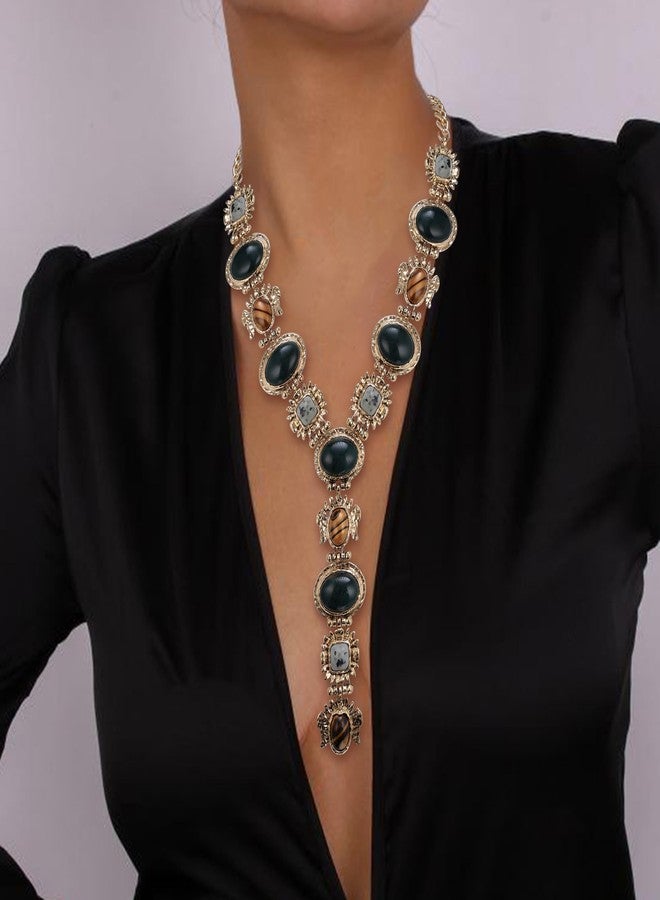 Flyonce Boho Vintage Style Y-Shaped Necklace for Women, Ethnic Multi Color Retro Stone Beaded Black Statement Choker Collar Necklaces Bohemian Jewelry for Summer Holiday Antique Gold-Tone - Image 2