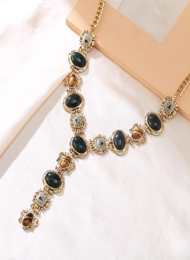 Flyonce Boho Vintage Style Y-Shaped Necklace for Women, Ethnic Multi Color Retro Stone Beaded Black Statement Choker Collar Necklaces Bohemian Jewelry for Summer Holiday Antique Gold-Tone - Image 4