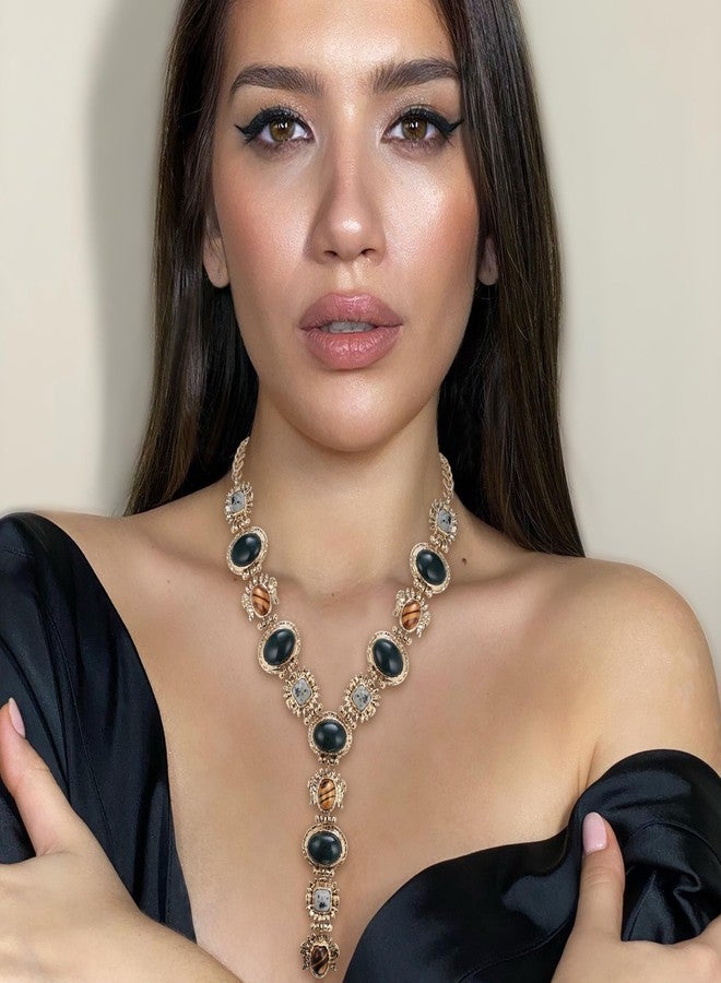 Flyonce Boho Vintage Style Y-Shaped Necklace for Women, Ethnic Multi Color Retro Stone Beaded Black Statement Choker Collar Necklaces Bohemian Jewelry for Summer Holiday Antique Gold-Tone - Image 3