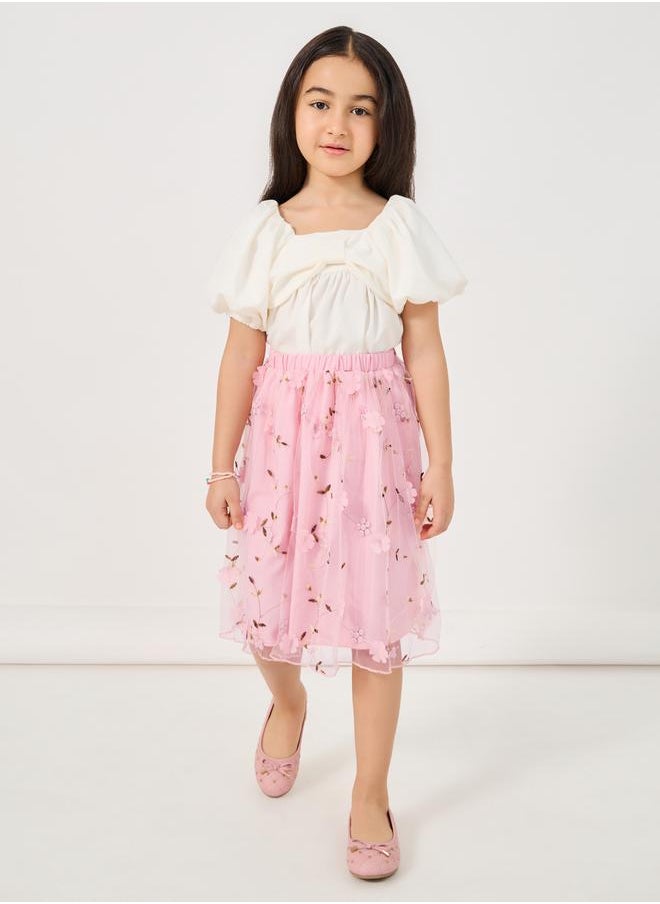Styli Square Neck Top and Embroidered Mesh Skirt Set  - Image 1