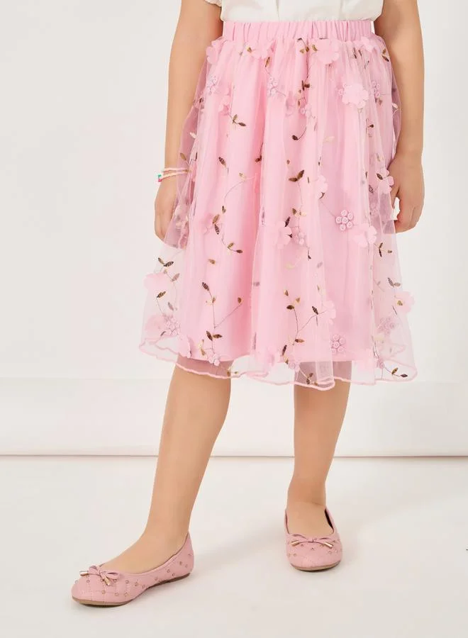 Styli Square Neck Top and Embroidered Mesh Skirt Set