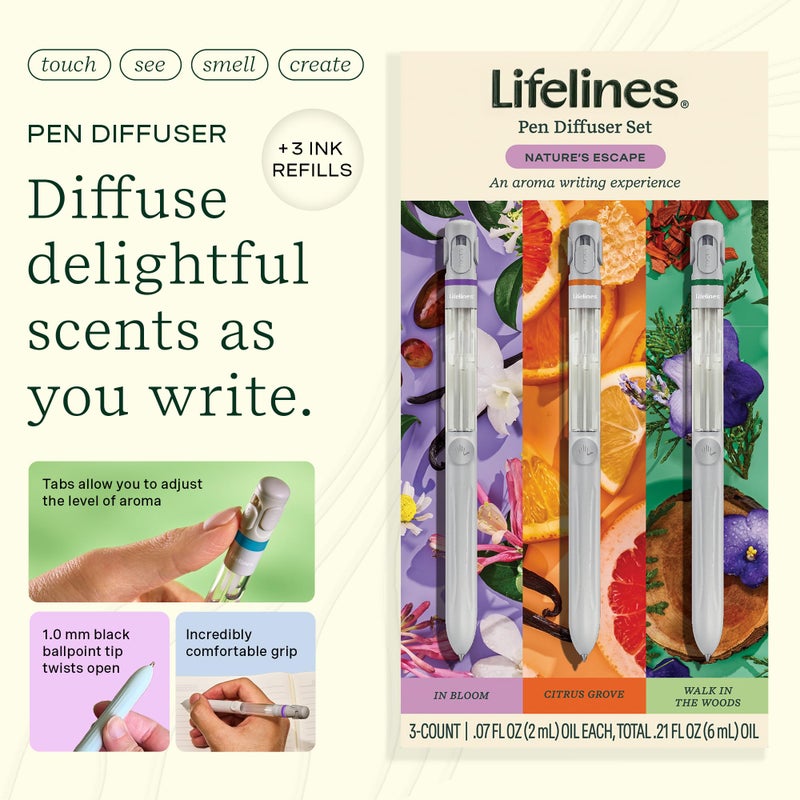 Lifelines Pen Diffuser Set, Nature's Escape 3-Pack â€“ 1mm Black Ballpoint Pens with Scented Essential Oil Blends â€“ Aromatherapy Diffuser & Sensory Immersion Diffuse Aroma As You Write - Image 2
