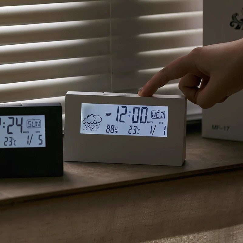 ساعة الطقس LCD مقياس درجة الحرارة والرطوبة الإلكترونية ساعة منبه عرض رقمي إبداعي متعدد الوظائف ضوء أبيض 2158 - Image 1