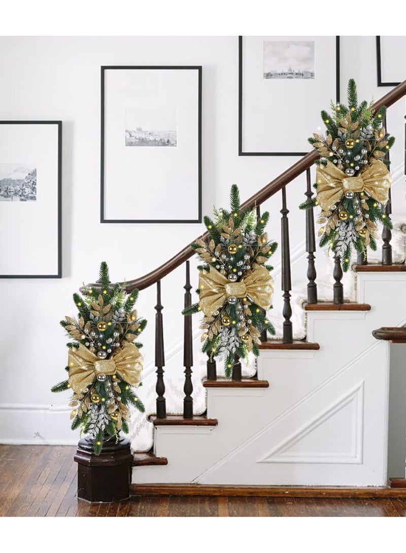 AUTOYSUR زينة عيد الميلاد الصناعية على الدرج، أكاليل عيد الميلاد مقاس 24 بوصة مع إضاءة LED، قلادة باب عيد الميلاد، إكليل عيد الميلاد المضاء مسبقًا لدرابزين الدرج، الحائط، النافذة، ديكور عيد الميلاد (ذهبي) - Image 3