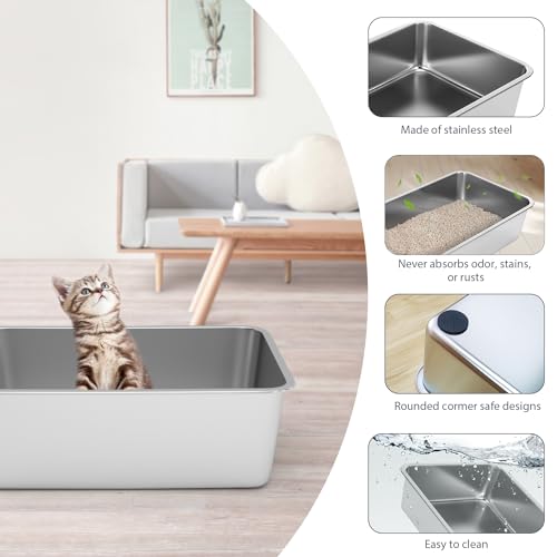 WENBOKMIN Stainless Steel Litter Box - Cat Litter Box Easy to Clean, Never Absorbs Odor, Stains, or Rusts - Silver (17.7" L x 13.5" W x 6" H) - Image 3