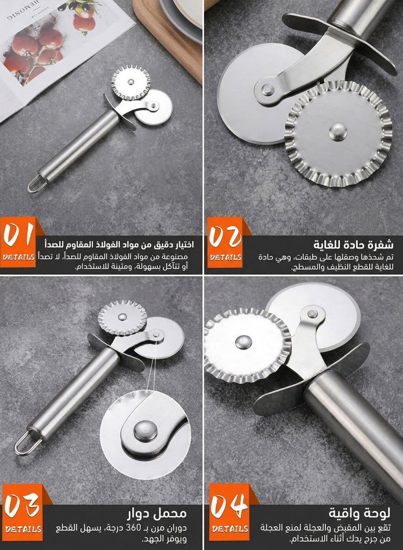 YOONISPRO Pastry Ravioli Wheel Cutter, Stainless Steel Double Roller Pizza Slicer Disc Design, Pastry Pasta Pie Crusts Cookies Crimper Cutter Dough Pizza Ravioli Wheel Tools Wavy Edge Blade - Image 2