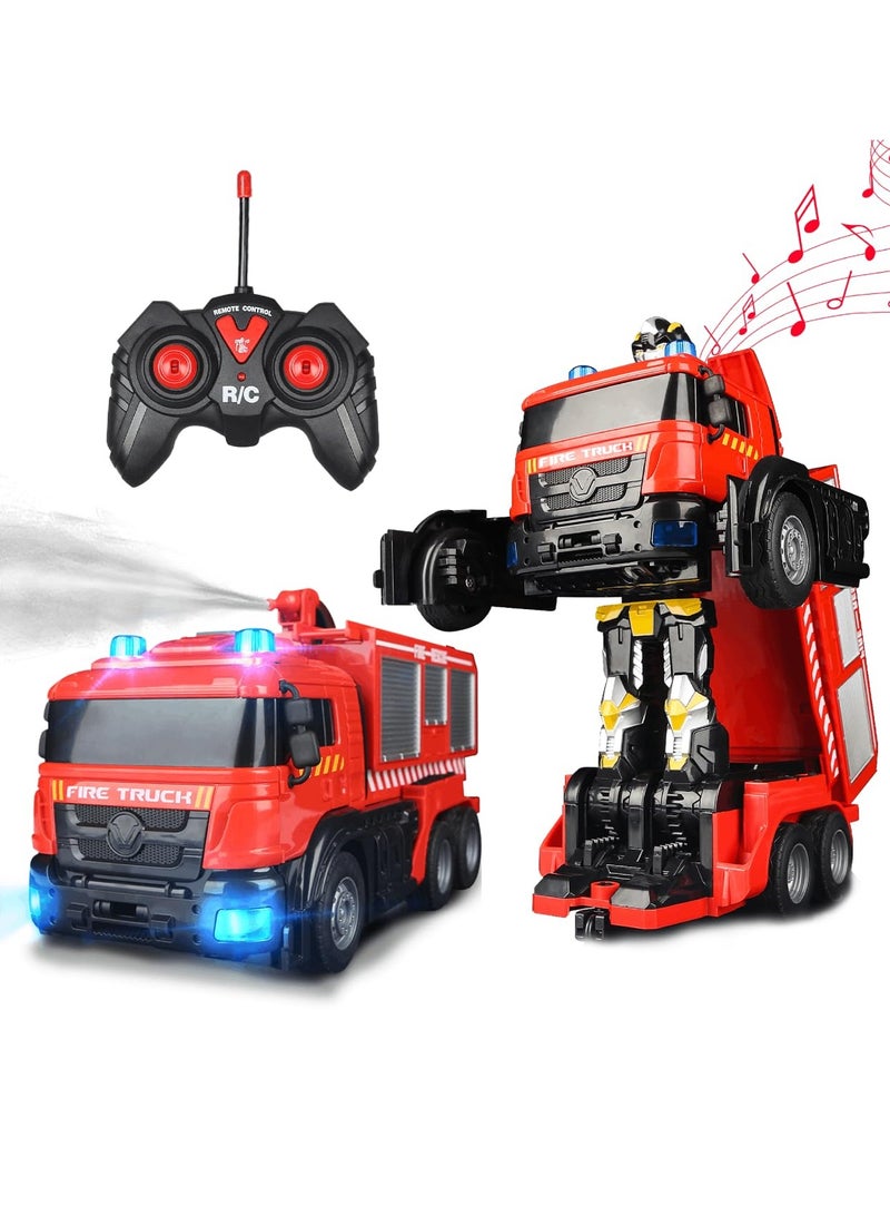 SYOSI Fire Truck Car Transforming Robot RC Fire Truck Toy for Kids Fire Truck Vehicle with One Click to Spray Water Simulated Sound Effects and Cool lighting Transformable Car Toy for Children Aged 3+ - Image 1