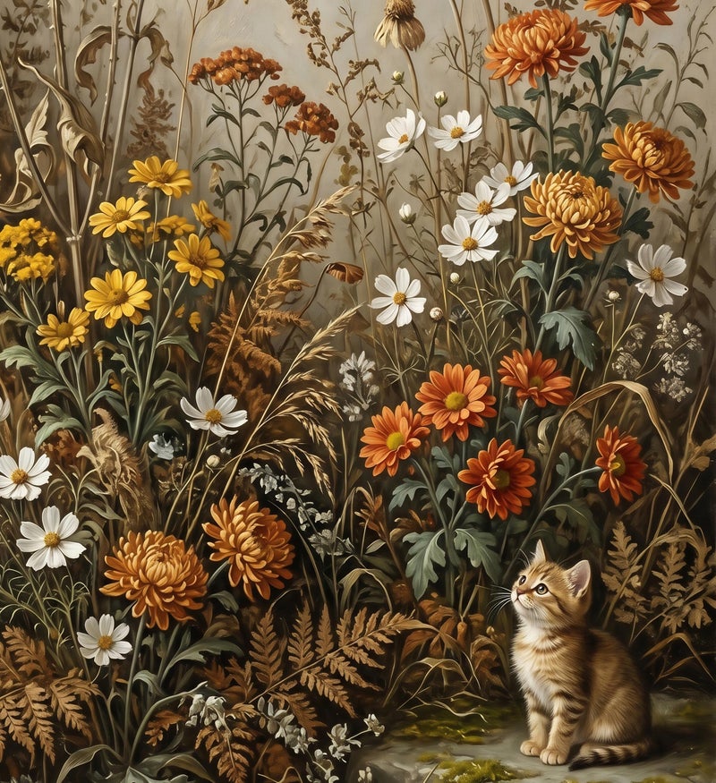 TNESSENTIAL Vintage Floral Kitten Print – Dried Flower Wall Art, Earth Tone Botanical Canvas, Rustic Meadow Poster, Cute Cat Decor, Boho Wildflower Art - Image 2
