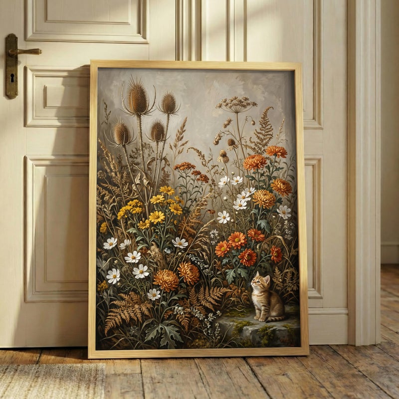 TNESSENTIAL Vintage Floral Kitten Print – Dried Flower Wall Art, Earth Tone Botanical Canvas, Rustic Meadow Poster, Cute Cat Decor, Boho Wildflower Art - Image 4