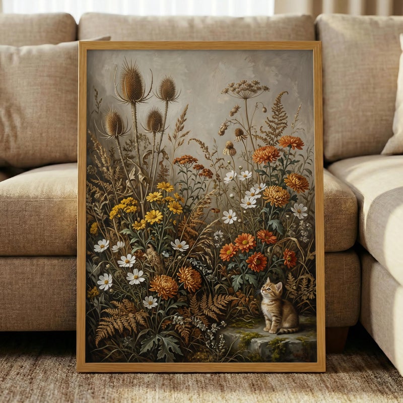 TNESSENTIAL Vintage Floral Kitten Print – Dried Flower Wall Art, Earth Tone Botanical Canvas, Rustic Meadow Poster, Cute Cat Decor, Boho Wildflower Art - Image 5