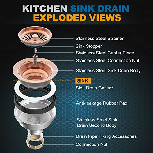 BOTEMY B9173 Kitchen Sink Drain Assembly 3-1/2 inch with Removable Sink Strainer Basket/Stopper 304 Stainless Steel (Antique Copper) - Image 3
