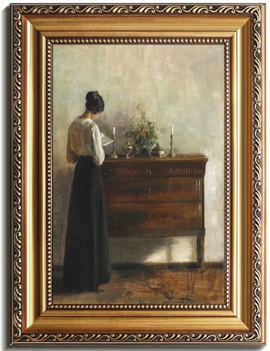 uniro Vintage Gold Framed Wall Art Vintage Woman Portrait Canvas Art Prints Painting Antique 19th Century Woman Reading Poster Moody Dark Academia Aesthetic Artwork for Bedroom Gallary Living Room OfficeBathroom Desktop Decor 12x16Inch - Image 1
