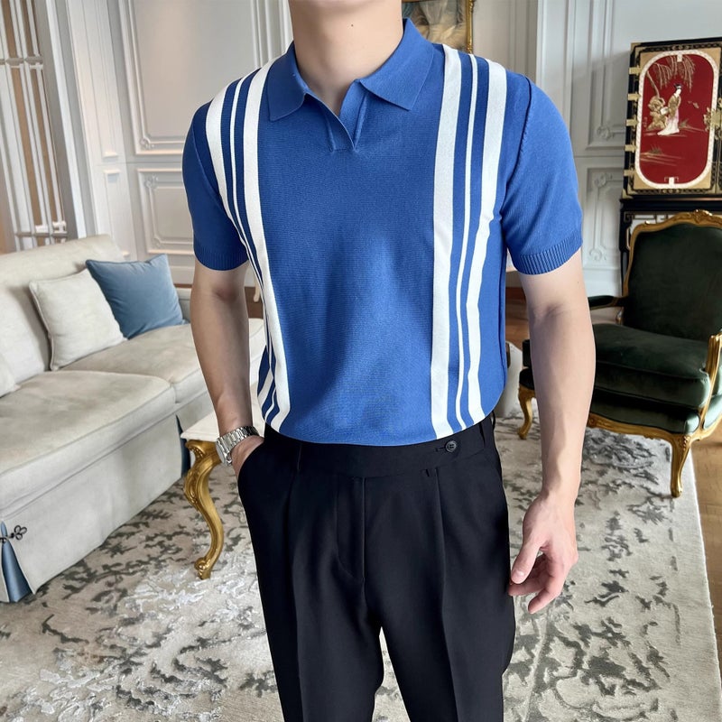 American-Style Knitted Striped Color-Block Short-Sleeve Loose Men'S Summer Niche Retro Trendy Brand Casual Turn-Down Collar T-Shirt For Men - Image 5
