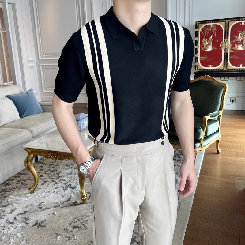 American-Style Knitted Striped Color-Block Short-Sleeve Loose Men'S Summer Niche Retro Trendy Brand Casual Turn-Down Collar T-Shirt For Men - Image 1
