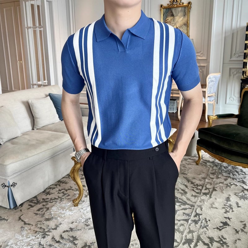 American-Style Knitted Striped Color-Block Short-Sleeve Loose Men'S Summer Niche Retro Trendy Brand Casual Turn-Down Collar T-Shirt For Men - Image 3
