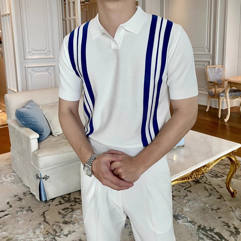 American-Style Knitted Striped Color-Block Short-Sleeve Loose Men'S Summer Niche Retro Trendy Brand Casual Turn-Down Collar T-Shirt For Men - Image 2