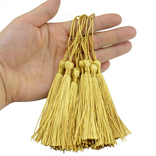Makhry 100pcs 13cm/5 Inch Silky Floss Bookmark Tassels with 2-Inch Cord Loop and Small Chinese Knot for Jewelry Making, Souvenir, Bookmarks, DIY Craft Accessory (Light Gold) - Image 2
