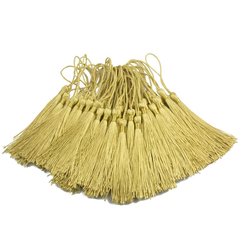 Makhry 100pcs 13cm/5 Inch Silky Floss Bookmark Tassels with 2-Inch Cord Loop and Small Chinese Knot for Jewelry Making, Souvenir, Bookmarks, DIY Craft Accessory (Light Gold) - Image 1