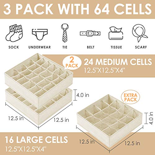 Criusia 3 Pack Sock Underwear Drawer Organizer Dividers, 64 Cell Fabric Foldable Cabinet Dresser Closet Organizers and Storage Boxes for Organizing Socks, Underwear, Ties (16+24+24 Cell, Beige) - Image 2