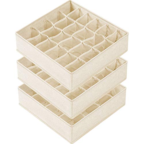Criusia 3 Pack Sock Underwear Drawer Organizer Dividers, 64 Cell Fabric Foldable Cabinet Dresser Closet Organizers and Storage Boxes for Organizing Socks, Underwear, Ties (16+24+24 Cell, Beige) - Image 1