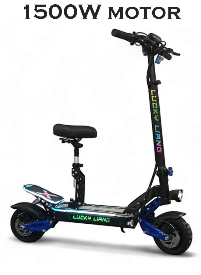 Lucky Liang L3 Pro Folding Electric Scooter with Seat, 1500W Motor, 60KM/H Top Speed, 65KM Range, 48V 25AH Battery, Off-Road Tires, Dual Suspension, Bluetooth Speaker, RGB Lights - Image 2