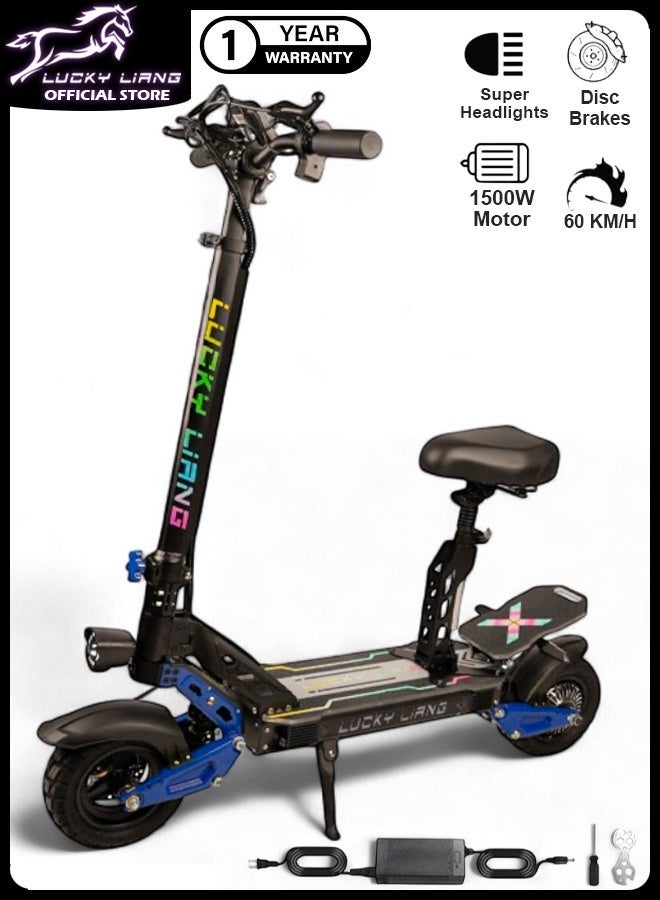 Lucky Liang L3 Pro Folding Electric Scooter with Seat, 1500W Motor, 60KM/H Top Speed, 65KM Range, 48V 25AH Battery, Off-Road Tires, Dual Suspension, Bluetooth Speaker, RGB Lights - Image 1