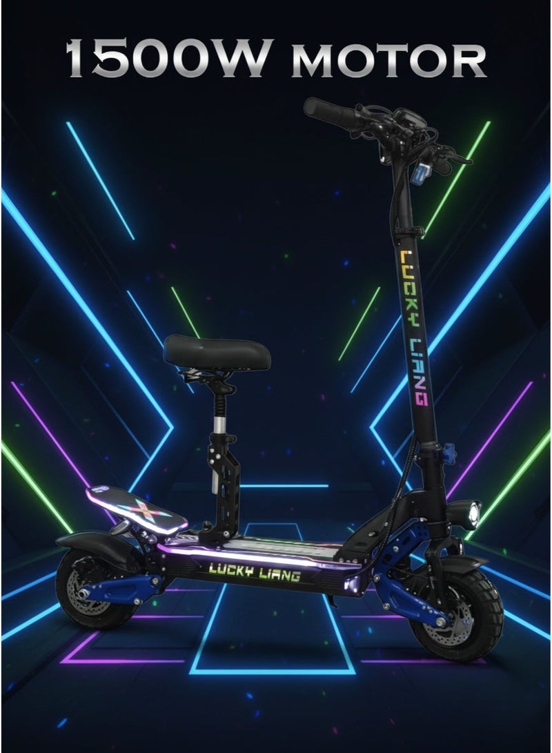 Lucky Liang L3 Pro Folding Electric Scooter with Seat, 1500W Motor, 60KM/H Top Speed, 65KM Range, 48V 25AH Battery, Off-Road Tires, Dual Suspension, Bluetooth Speaker, RGB Lights - Image 2