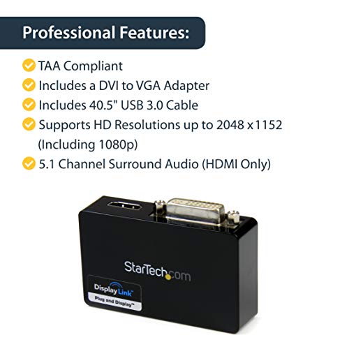 StarTech.com USB 3.0 to HDMI / DVI Adapter - 2048x1152 - External Video & Graphics Card - Dual Monitor Display Adapter Cable - Supports Mac & Windows, TAA (USB32HDDVII) - Image 4