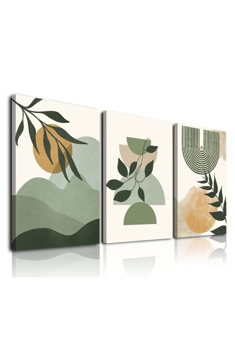 KBKBART Green Boho Wall Art Set of 3, Framed Canvas Wall Art Green Leaves Sun Mountain Abstract Geometric Line Artwork, Mid-Century Modern Wall Prints Poster, Nordic Green Boho Wall Decor for Living - Image 2