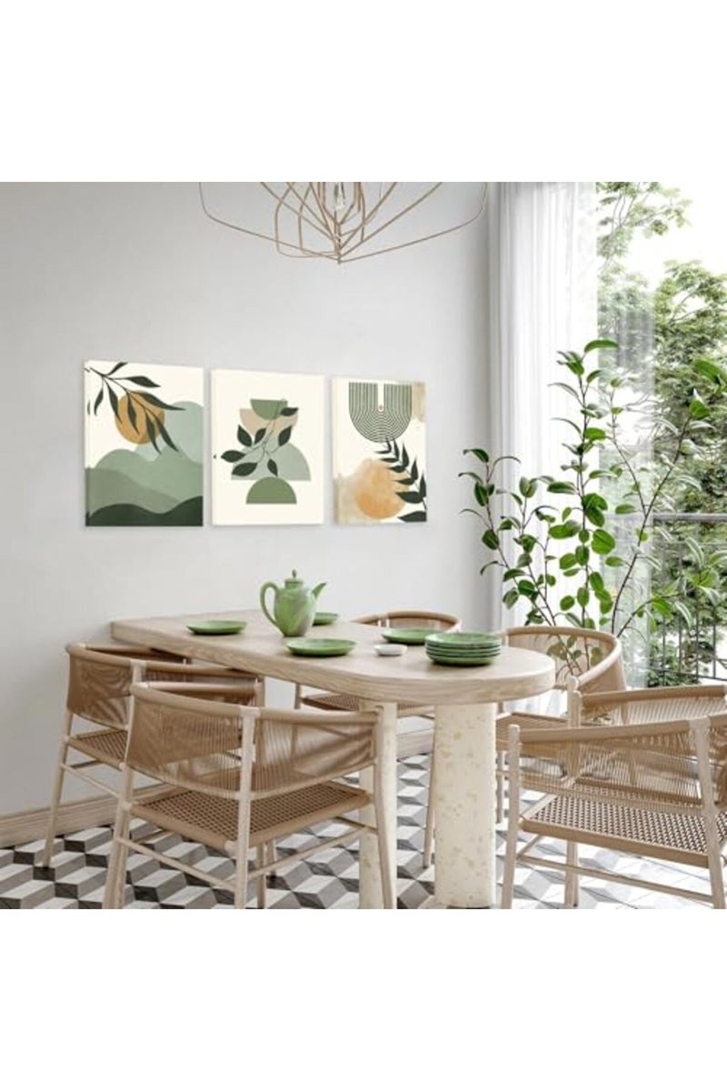 KBKBART Green Boho Wall Art Set of 3, Framed Canvas Wall Art Green Leaves Sun Mountain Abstract Geometric Line Artwork, Mid-Century Modern Wall Prints Poster, Nordic Green Boho Wall Decor for Living - Image 3