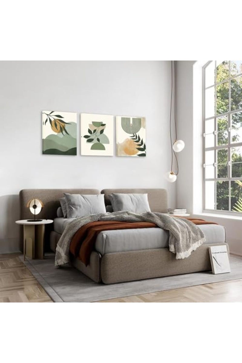 KBKBART Green Boho Wall Art Set of 3, Framed Canvas Wall Art Green Leaves Sun Mountain Abstract Geometric Line Artwork, Mid-Century Modern Wall Prints Poster, Nordic Green Boho Wall Decor for Living - Image 4