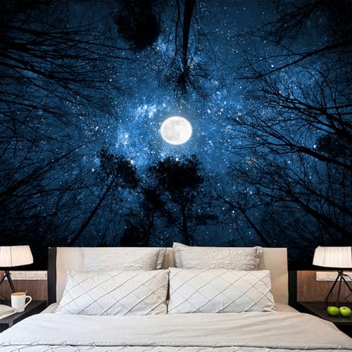 Algasan Forest Galaxy Starry Tapestry, Starry Night Sky Moon Stars Ceiling Tapestry Blue Space with Trees Nature Tapestries Wall Hanging for Bedroom Dorm Living Room (51" X 60") - Image 2
