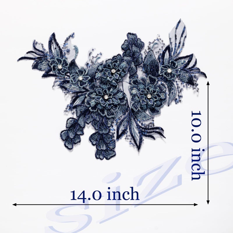 Silvora 3D Embroidered Flower Fabric Beaded Rhinestones Pearl Lace Applique, DIY Patches Accessory for Wedding Dressesï¼ŒNeckline Bodice Pants(Navy Blue) - Image 2
