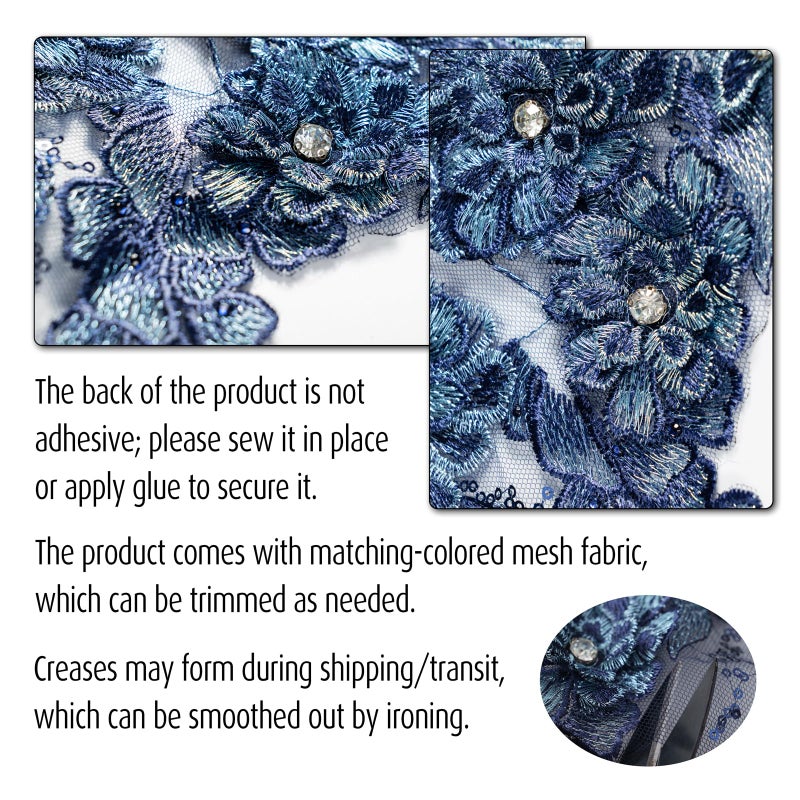 Silvora 3D Embroidered Flower Fabric Beaded Rhinestones Pearl Lace Applique, DIY Patches Accessory for Wedding Dressesï¼ŒNeckline Bodice Pants(Navy Blue) - Image 4