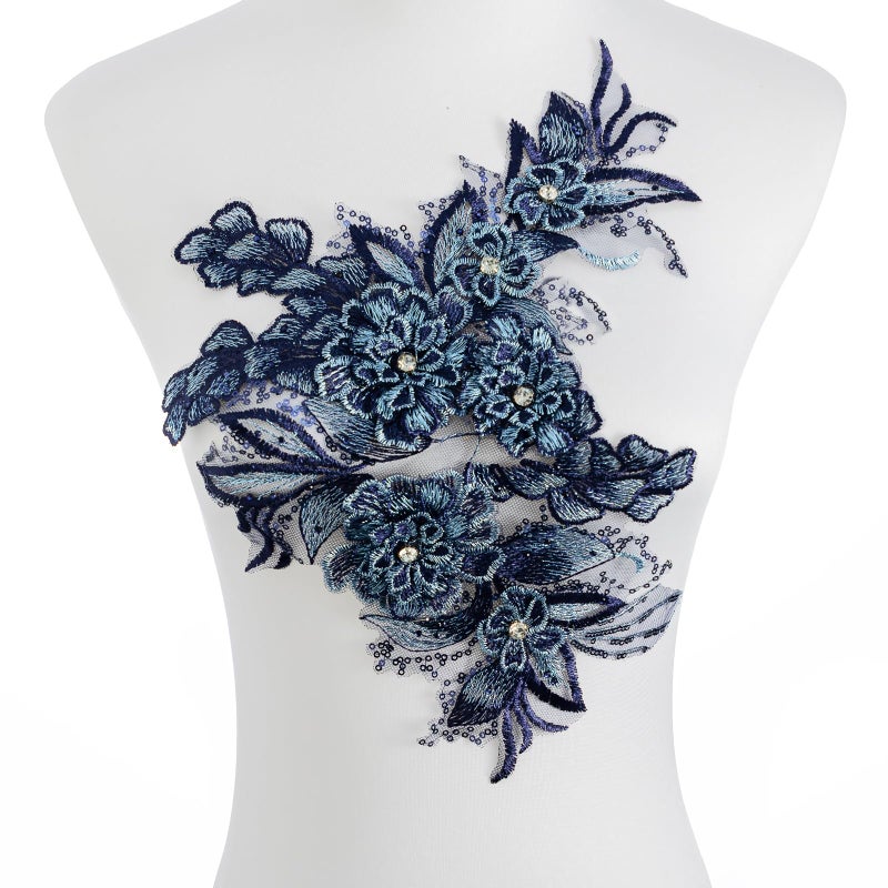 Silvora 3D Embroidered Flower Fabric Beaded Rhinestones Pearl Lace Applique, DIY Patches Accessory for Wedding Dressesï¼ŒNeckline Bodice Pants(Navy Blue) - Image 1