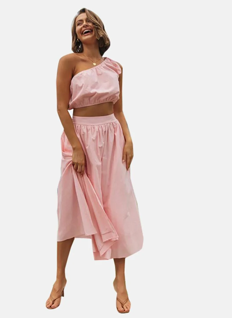 يونيكي Pink One Shoulder Pure Cotton Crop Top With Skirt