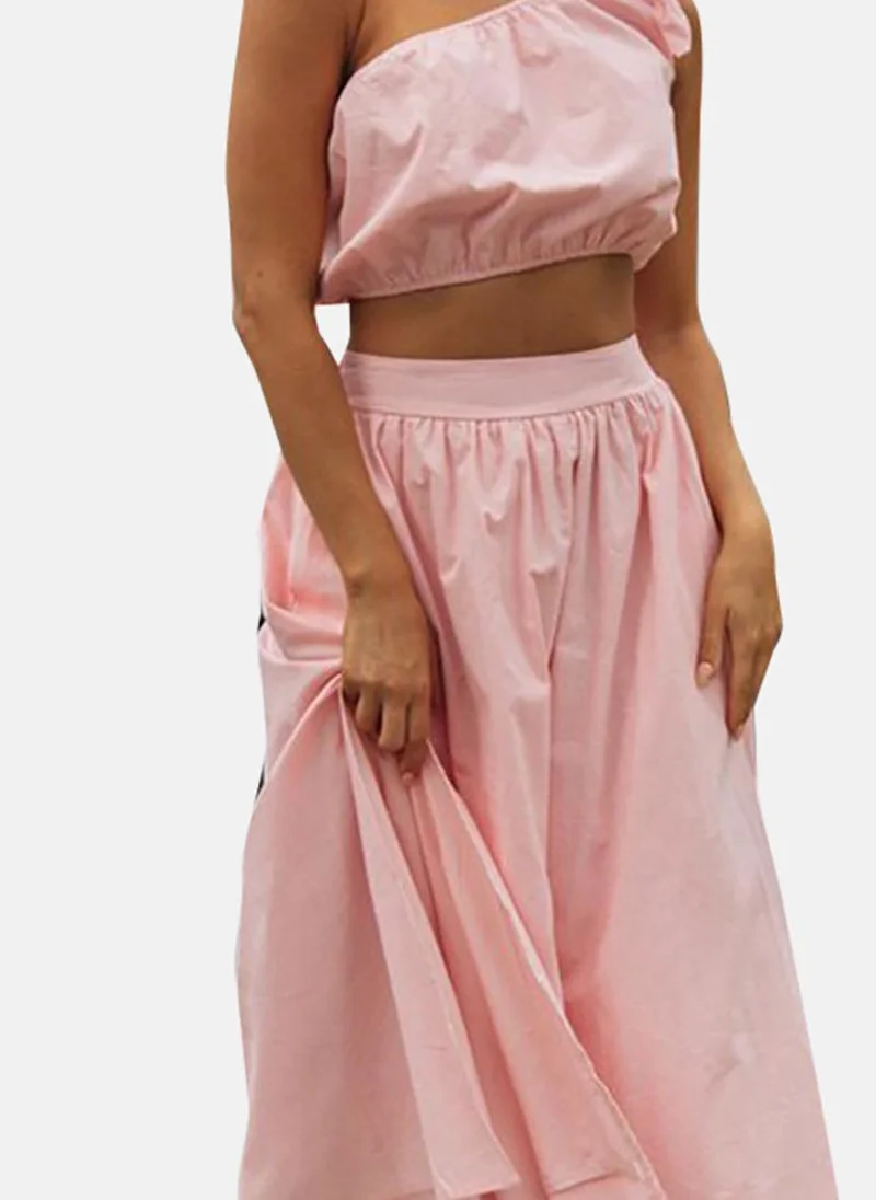 يونيكي Pink One Shoulder Pure Cotton Crop Top With Skirt