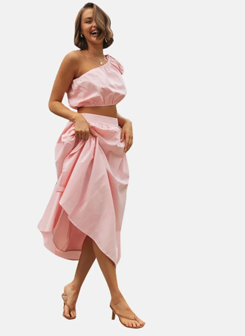 YUNIQEE Pink One Shoulder Pure Cotton Crop Top With Skirt