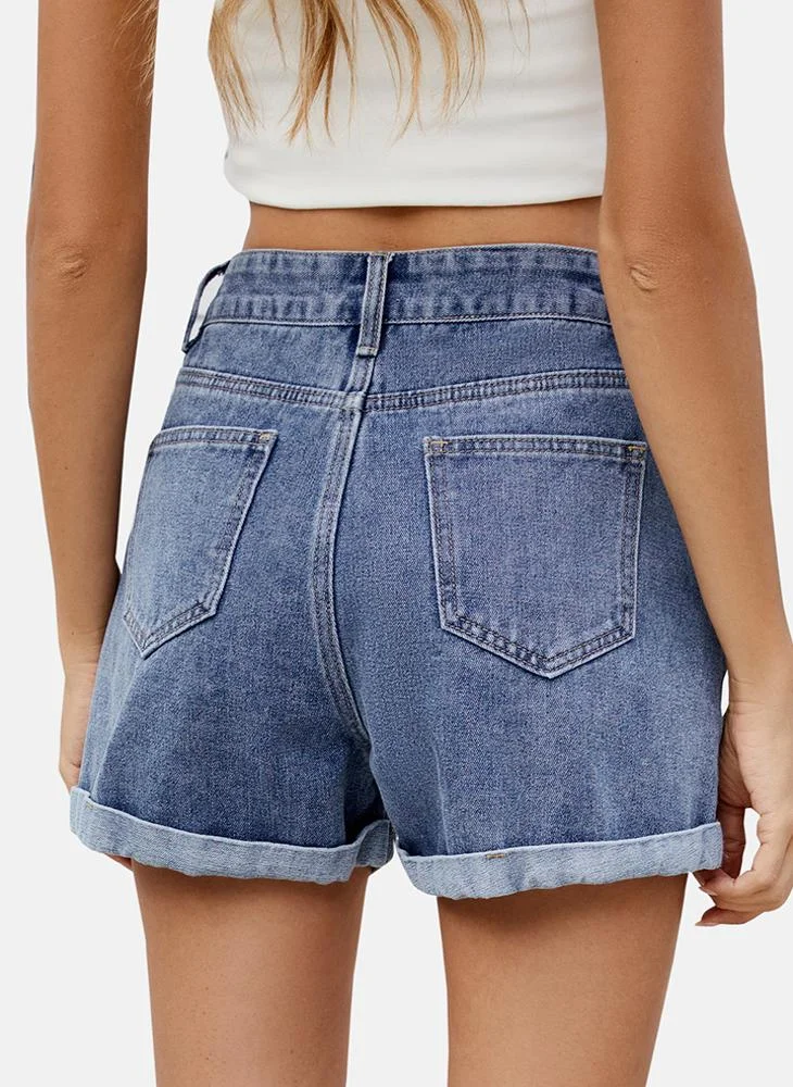 يونيكي Blue Mid Rise Printed Slim Fit Shorts