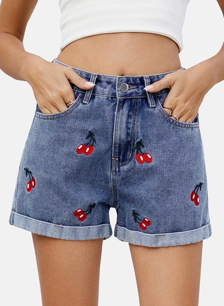 YUNIQEE Blue Mid Rise Printed Slim Fit Shorts - Image 1