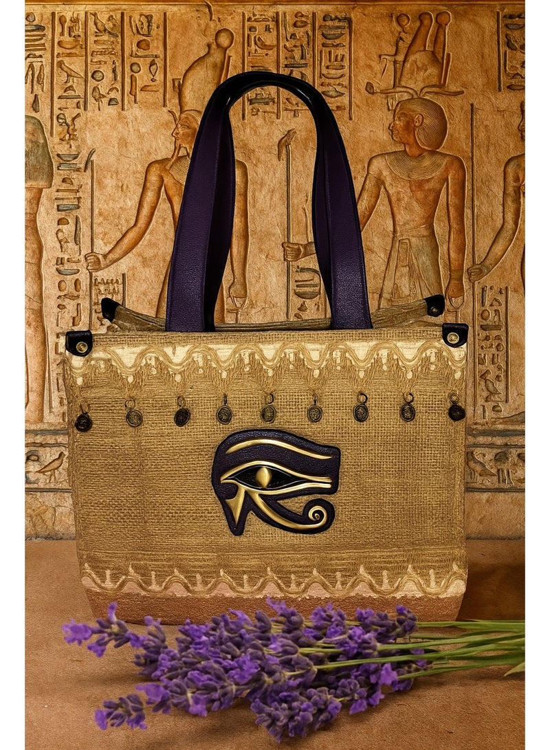 Lava Handcrafted Jute Shoulder Bag, Top-Handle Bag, Dark Purple Leather Handle, Eye of Horus Motif, Copper-toned Coin Embellishments, Dark Purple - Image 1