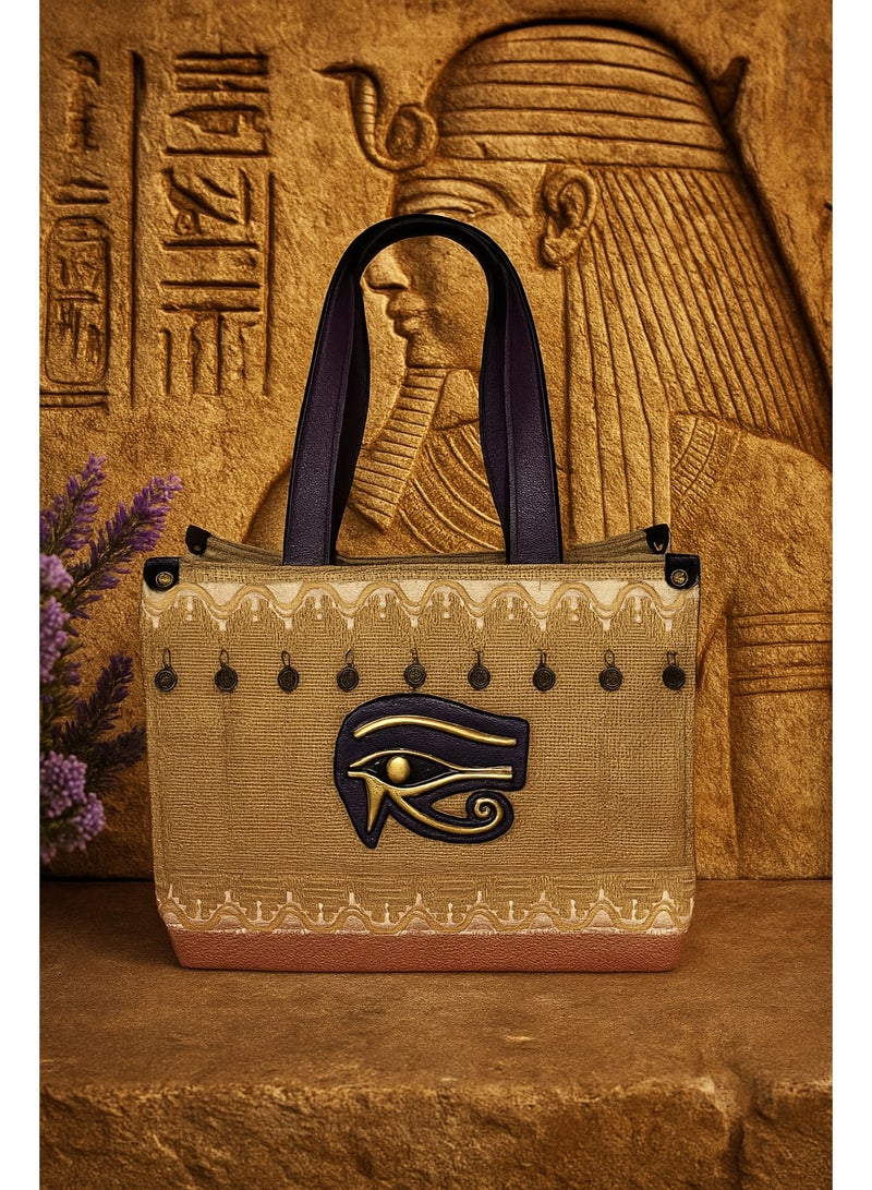 Lava Handcrafted Jute Shoulder Bag, Top-Handle Bag, Dark Purple Leather Handle, Eye of Horus Motif, Copper-toned Coin Embellishments, Dark Purple - Image 2