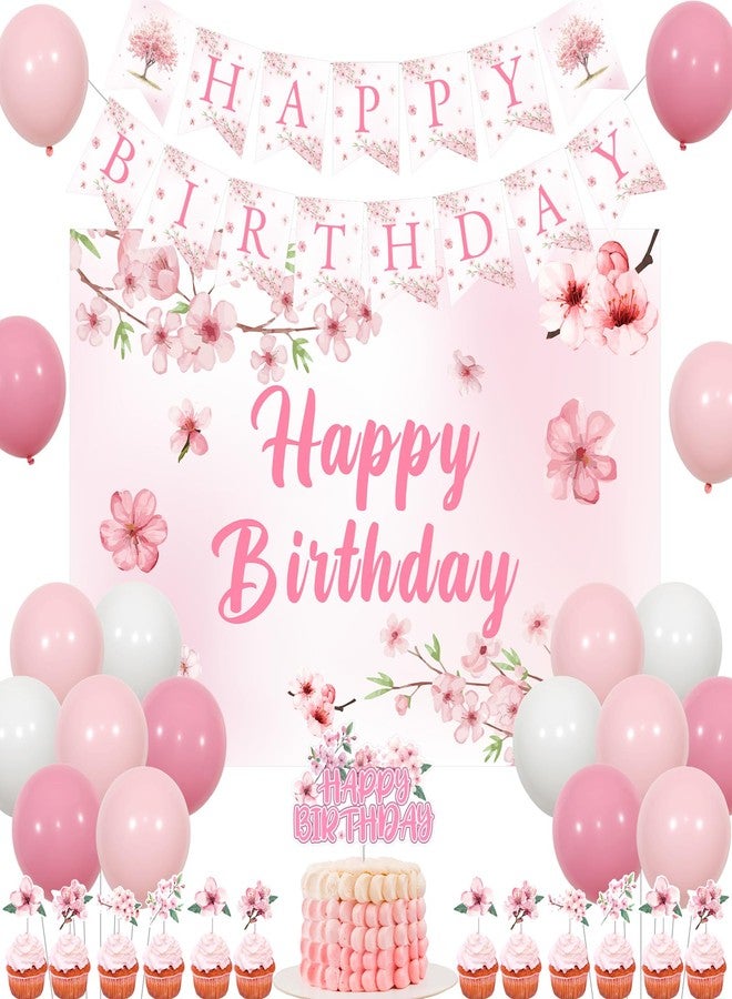 Fangleland Cherry Blossom Happy Birthday Decorations, Japanese Sakura Banner Backdrop Cake Topper and Balloons for Girls Women Birthday Party Supplies - Image 1
