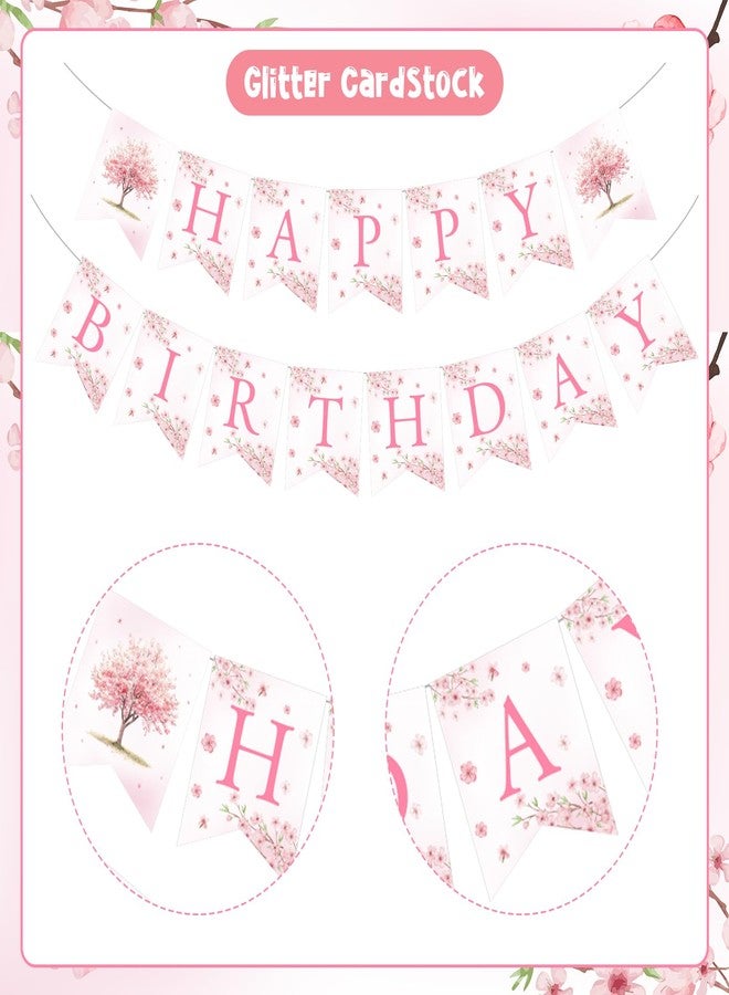Fangleland Cherry Blossom Happy Birthday Decorations, Japanese Sakura Banner Backdrop Cake Topper and Balloons for Girls Women Birthday Party Supplies - Image 5