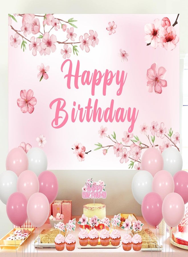 Fangleland Cherry Blossom Happy Birthday Decorations, Japanese Sakura Banner Backdrop Cake Topper and Balloons for Girls Women Birthday Party Supplies - Image 2