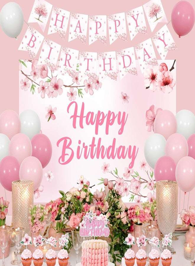 Fangleland Cherry Blossom Happy Birthday Decorations, Japanese Sakura Banner Backdrop Cake Topper and Balloons for Girls Women Birthday Party Supplies - Image 3