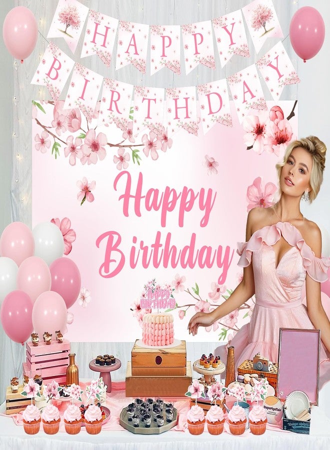 Fangleland Cherry Blossom Happy Birthday Decorations, Japanese Sakura Banner Backdrop Cake Topper and Balloons for Girls Women Birthday Party Supplies - Image 4