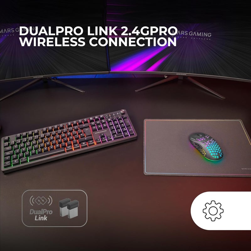 مارس_جيمنج مارس جيمنج MCPWX، مجموعة ألعاب لاسلكية، تقنية DualPro Link 2.4GPRO، لوحة مفاتيح FRGB كاملة مع تحكم وسائط متعددة + ماوس RGB 3200DPI + حصيرة مانعة للانزلاق 360x260 مم، أسود، إنجليزي أمريكي - Image 2