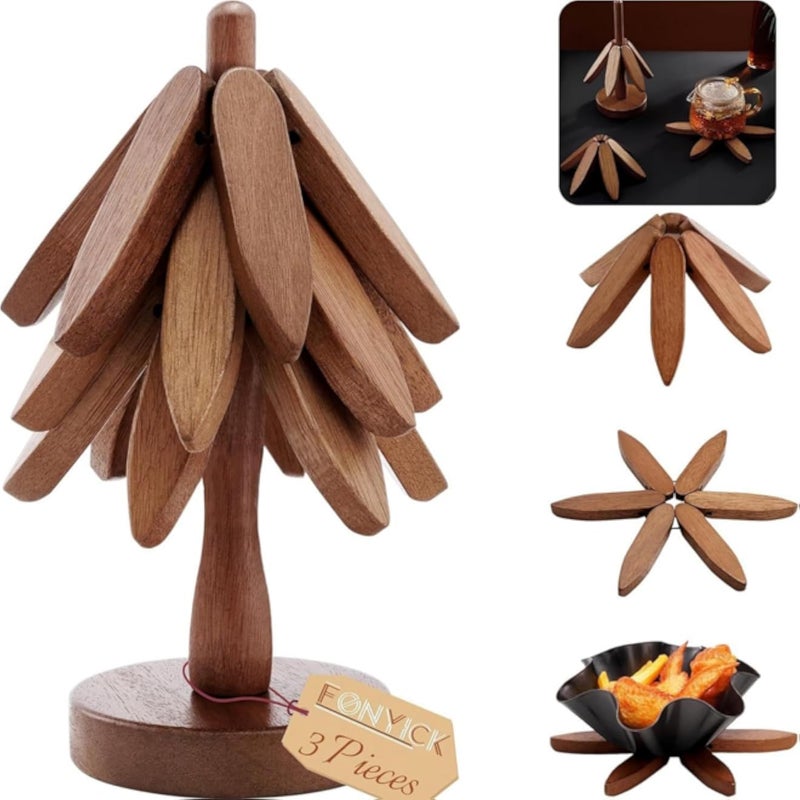 Wooden Trivet Tree,Trivets for Hot Dishes,Pots,and Pans, Includes 3 or 4 Wooden Trivets + 1 Stand,Wooden Tree Coasters,Perfect Kitchen cookware Sets (Walnut, 4 Piece)